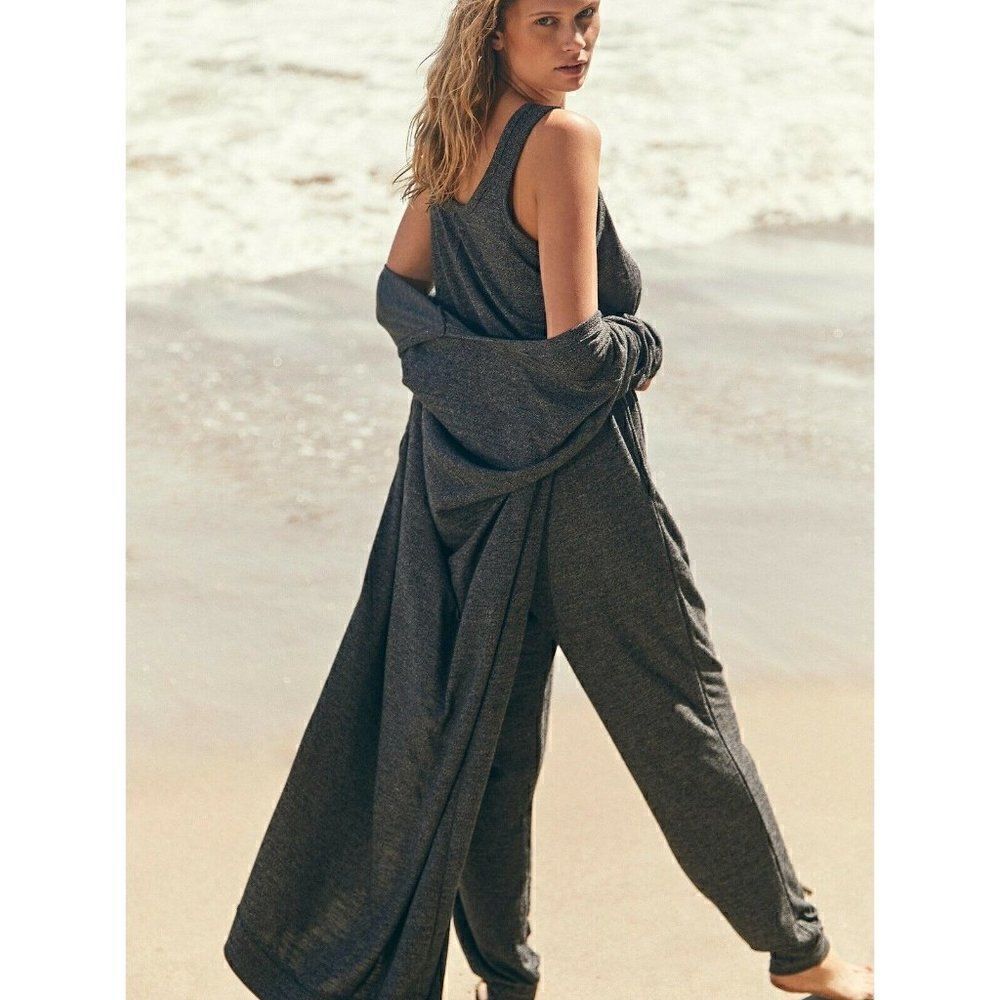 NEW FREE PEOPLE BICOASTAL 2 PIECE ROMPER AND MAXI CARDIGAN DUSTER IN GRAY